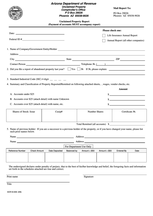 Fillable Form Ador 20200 Unclaimed Property Report printable pdf download