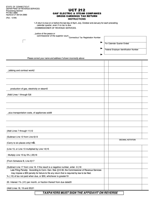 Fillable Form Uct 212 - Gas, Electric & Steam Companies Gross Earnings Tax Return Printable pdf