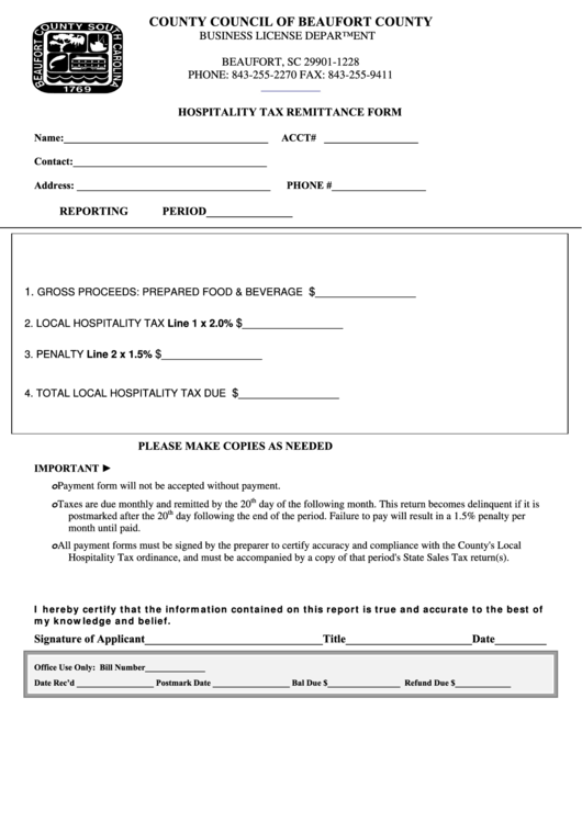 Hospitality Tax Remittance Form - County Council Of Beaufort County - Business License Department Printable pdf