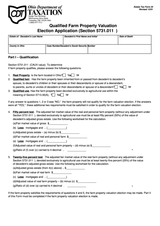 Form 34 - Qualified Farm Property Valuation Election Application (Section 5731.011 O.r.c.) Printable pdf