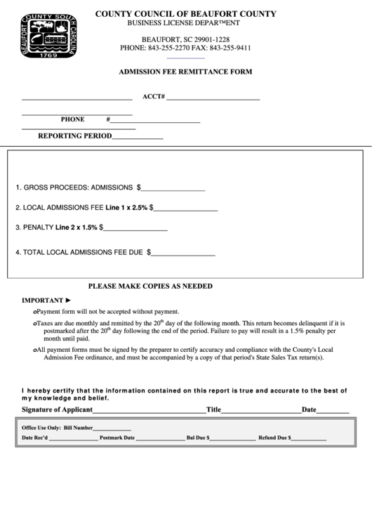 Admission Fee Remittance Form - County Council Of Beaufort County - Business License Department Printable pdf