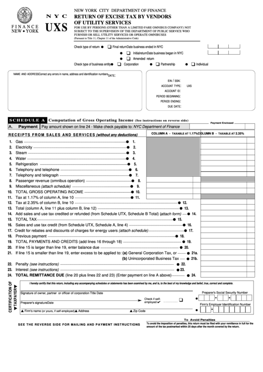 Fillable Form Nyc-Uxs - Return Of Excise Tax By Vendors Of Utility Services Printable pdf