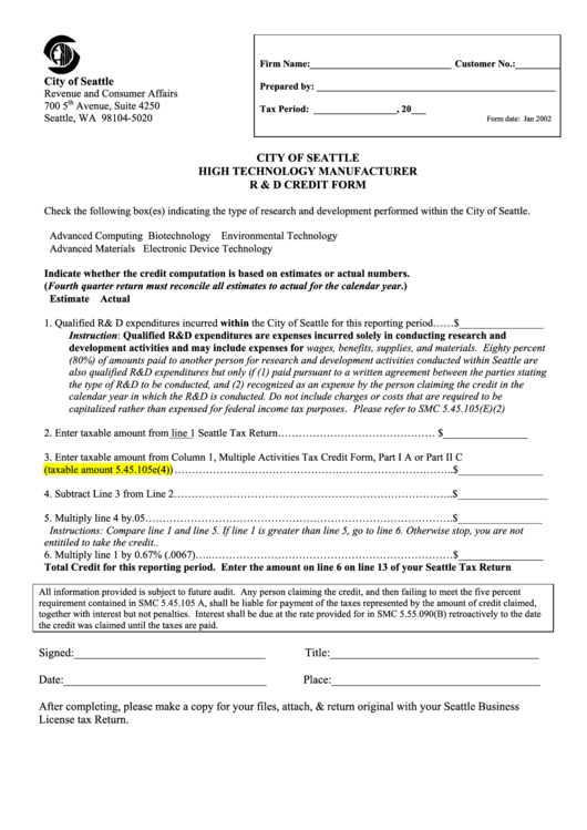City Of Seattle High Technology Manufacturer R & D Credit Form - 2002 Printable pdf