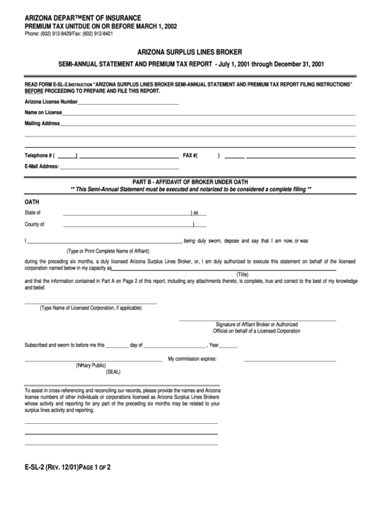Form E-Sl-2 - Semi-Annual Statement And Premium Tax Report - 2001 Printable pdf