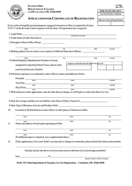 Fillable Form Ut 1000 - Application For Certificate Of Registration Printable pdf