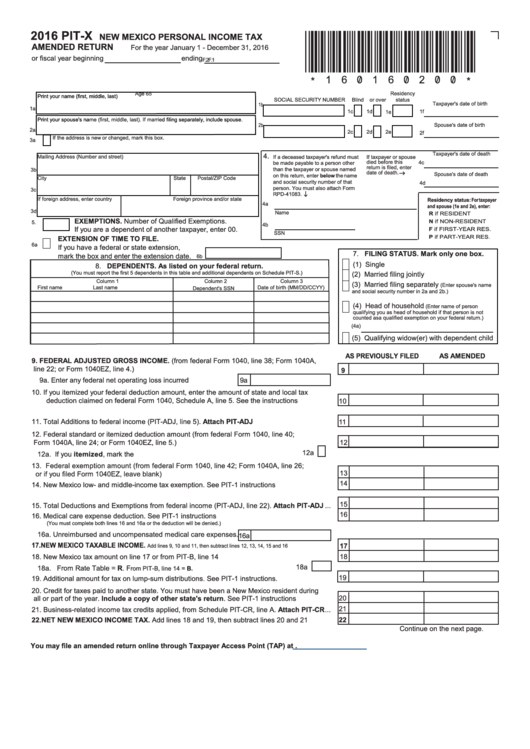 Form Pit-x - New Mexico Personal Income Tax Amended Return - 2016