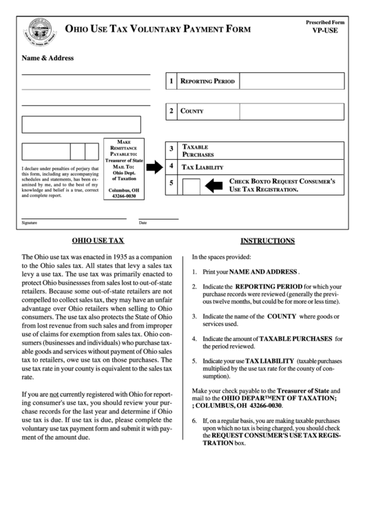 Fillable Form Vp-Use - Ohio Use Tax Voluntary Payment Form Printable pdf