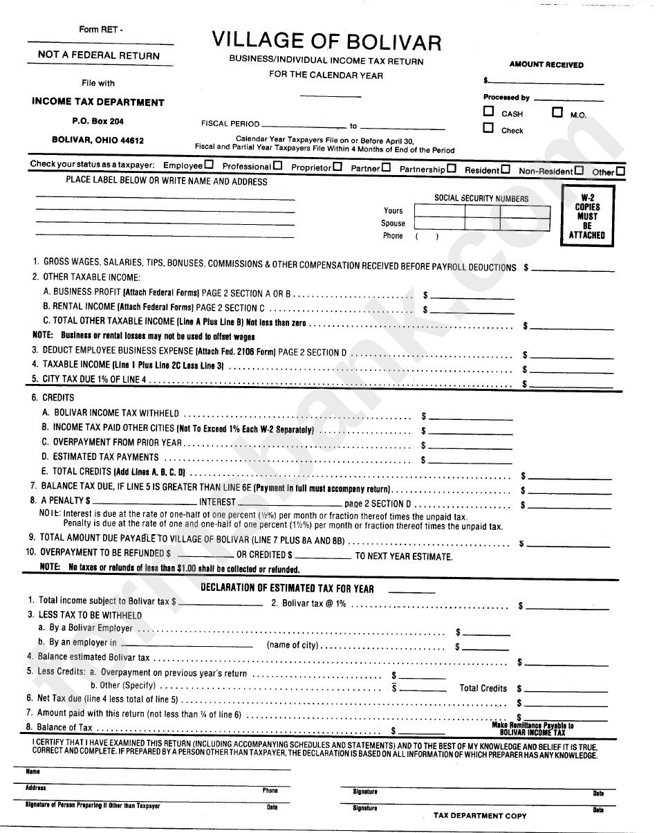 Form Ret - Business/individual Income Tax Return - Income Tax Department