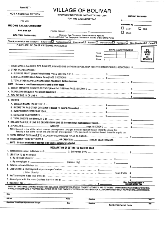 Form Ret - Business/individual Income Tax Return - Income Tax Department Printable pdf