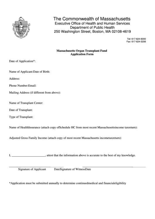Massachusetts Organ Transplant Fund Application Form - The Commonwealth Of Massachusetts Printable pdf