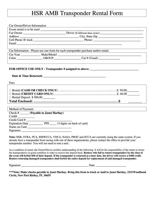 Hsr Amb Transponder Rental Form Printable pdf