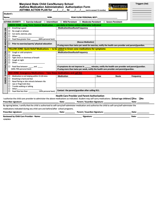 Asthma Medication Administration Authorization Form - Maryland State Child Care/nursery School Printable pdf