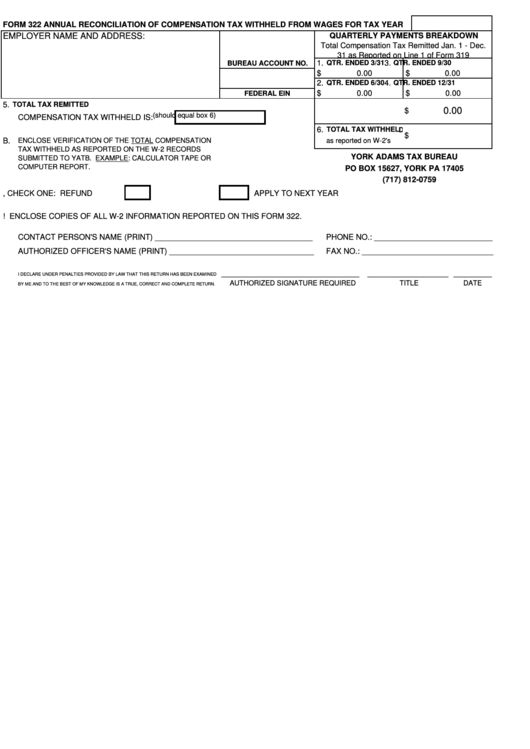 Form 322 - Annual Reconciliation Of Compensation Tax Withheld From Wages Printable pdf