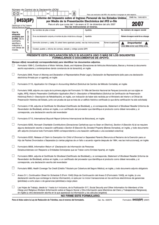 Formulario 8453(Sp) - Informe Del Impuesto Sobre El Ingreso Personal De Los Estados Unidos Por Medio De La Presentacion Electronica Del Irs E-File - 2007 Printable pdf