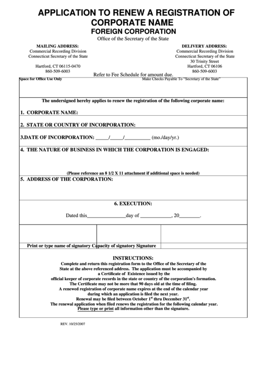 Application To Renew A Registration Of Corporate Name Foreign Corporation - Connecticut Secretary Of State Printable pdf