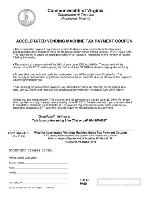 Form Vm-2apc - Virginia Accelerated Vending Machine Sales Tax Payment Coupon Printable pdf