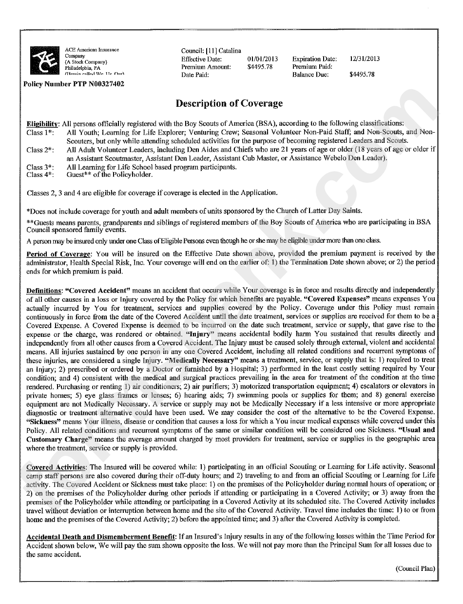 Form Bsa 2012-10-15 - Bsa Council Representive Statement - Healtb Special Risk, Inc