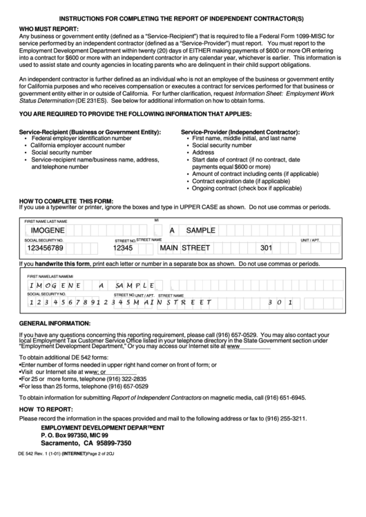 Instructions For Form De 542 - Completing The Report Of Independent Contractor(S) Printable pdf