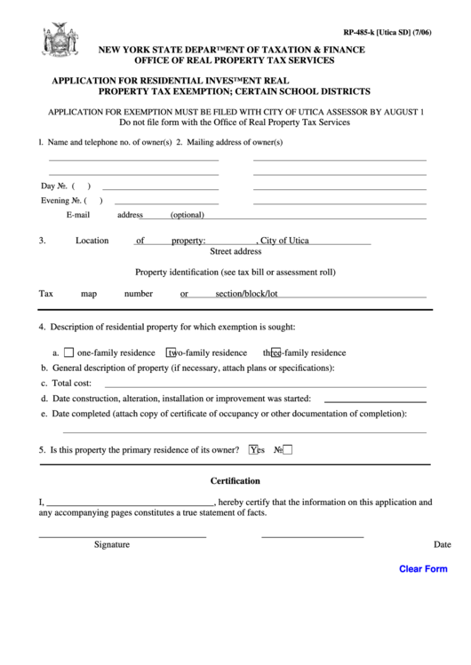 Fillable Form Rp-485-K - Application For Residential Investment Real Property Tax Exemption - Utica Sd Printable pdf