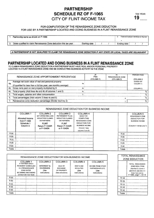 Form F-1065 - Partnership Schedule Rz City Of Flint Income Tax Printable pdf