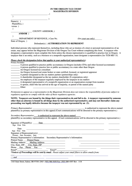 Authorization To Represent - Oregon Tax Court - Magistrate Division
