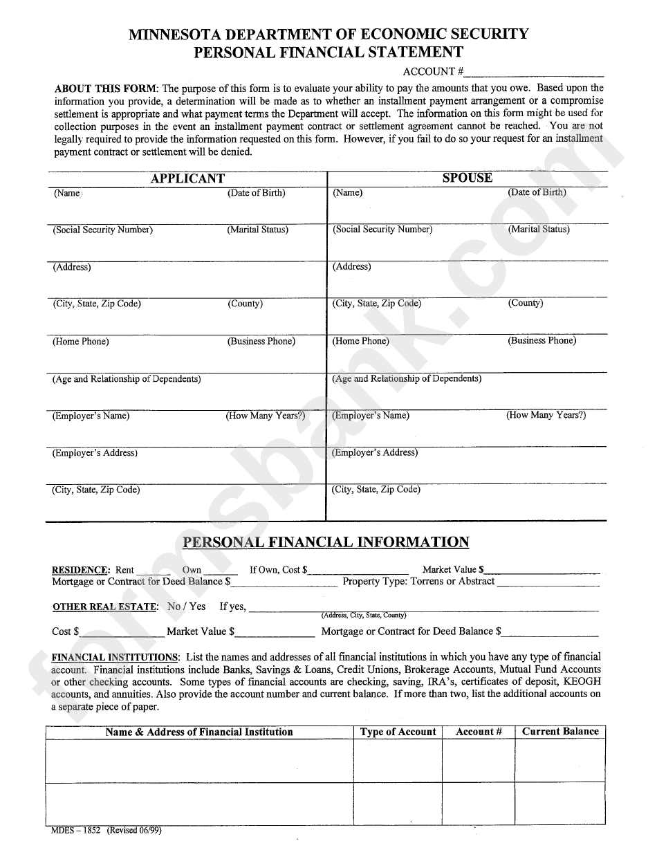 Form Mdes-1852 - Personal Financial Statement - Minnesota Department Of Economic Security