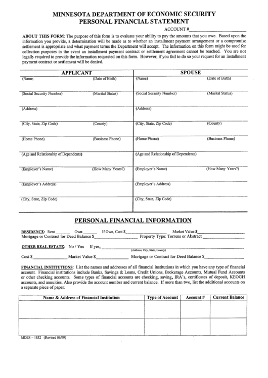 Form Mdes-1852 - Personal Financial Statement - Minnesota Department Of Economic Security Printable pdf