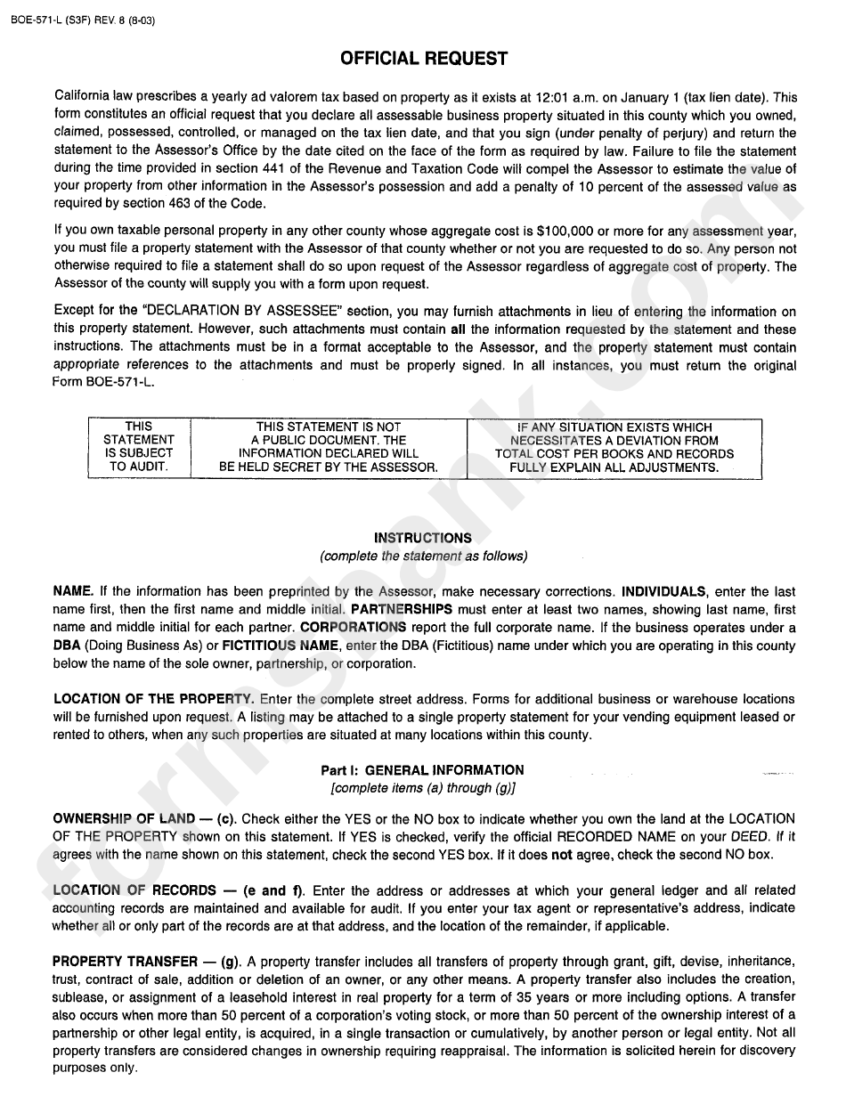 Instructions For Official Request Form Boe-571-L