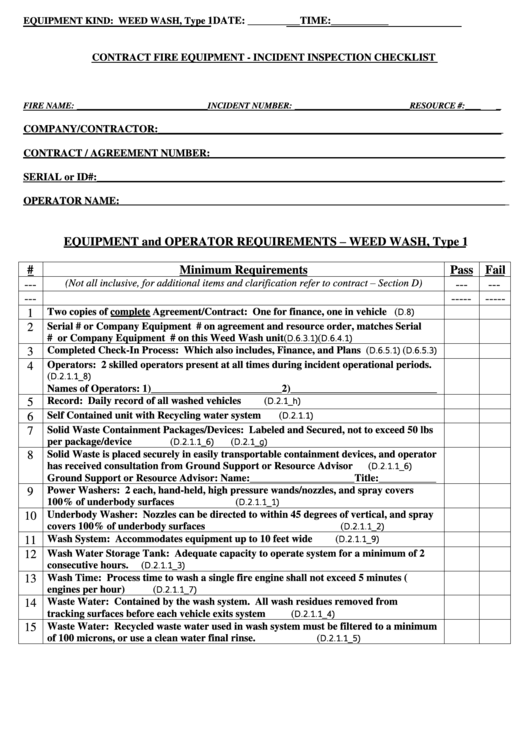 Contract Fire Equipment - Incident Inspection Checklist - Type 1 Printable pdf