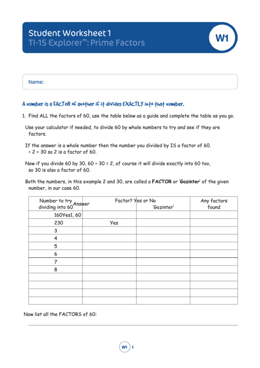 Student Worksheet 1: Ti-15 Explore:prime Factors - Math Worksheet Printable pdf