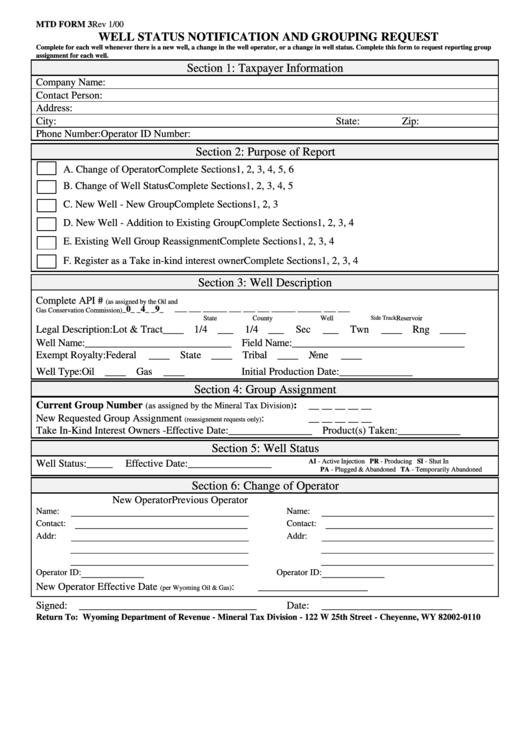 Mtd Form 3 - Well Status Notification And Grouping Request - 2000 Printable pdf