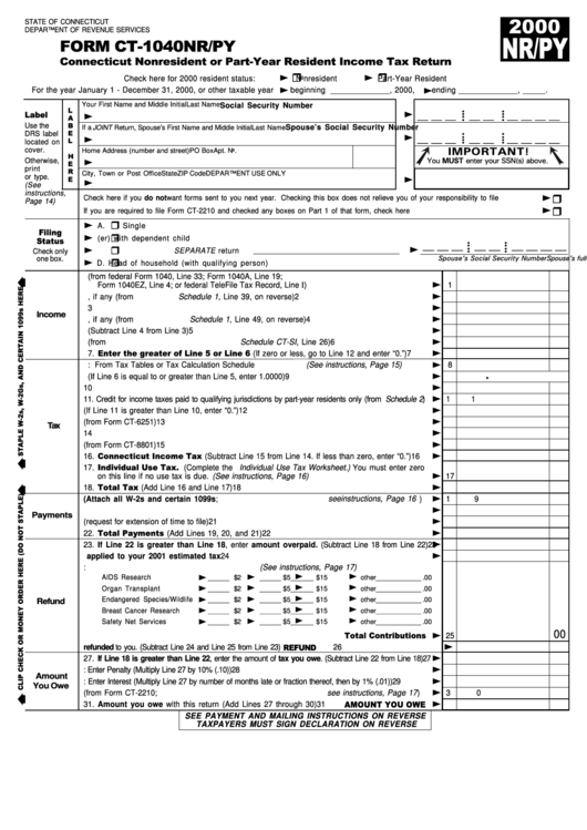 Form Ct-1040nr/py - Nonresident And Part-Year Resident Income Tax Return - 2000 Printable pdf