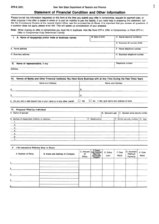Form Dtf-5 - Statement Of Financial Condition And Other Information Printable pdf