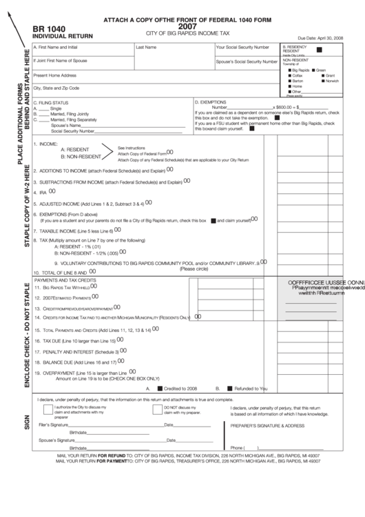 Form Br 1040 - Individual Return - City Of Big Rapids Income Tax - 2007 Printable pdf