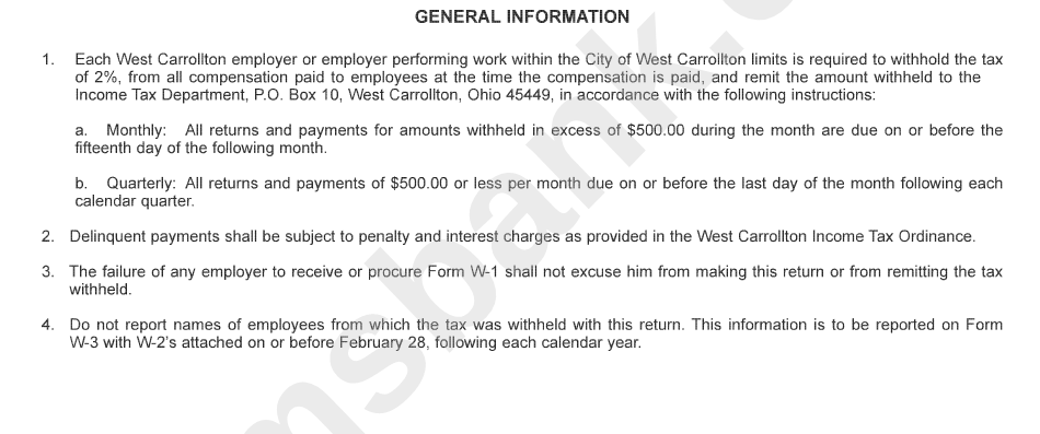 Instructions For City Of West Carrollton Withhold Tax - Income Tax Department