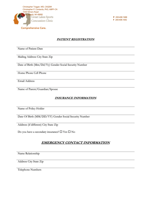 Patient Registration - Insurance/emergency Contact Information Form Printable pdf
