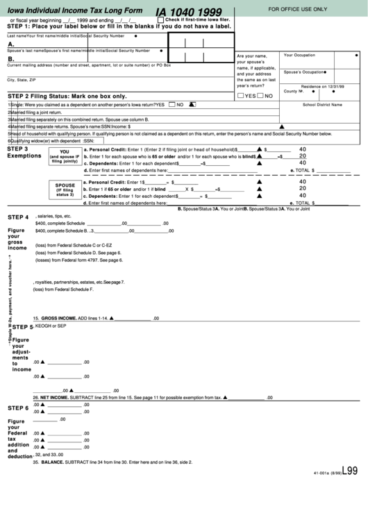 Form Ia 1040 - Iowa Individual Income Tax Long Form - 1999 Printable pdf
