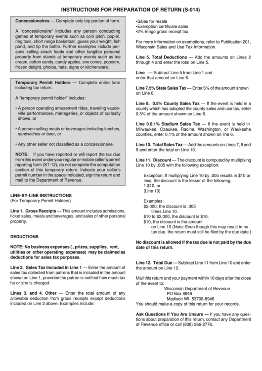 Instructions For Preparation Of Return (S-014) Printable pdf