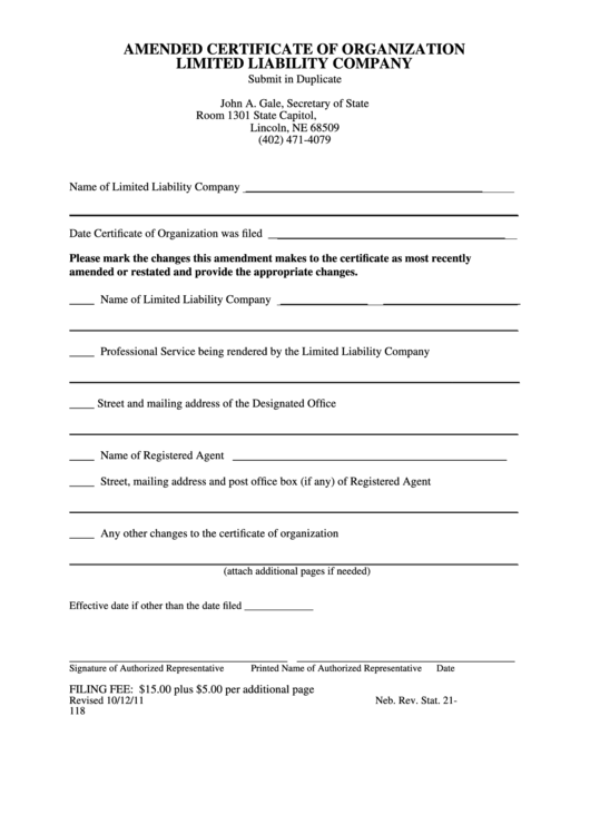 Amended Certificate Of Organization Limited Liability Company Form - Secretary Of State Printable pdf
