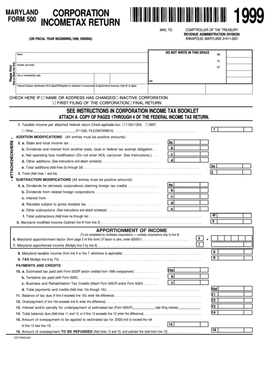 Maryland Form 500 - Corporation Income Tax Return - 1999 Printable pdf