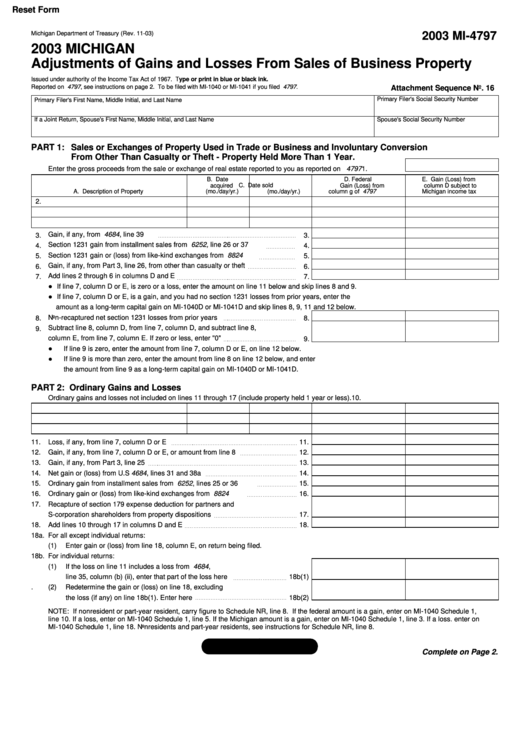 Form Mi-4797 - Michigan Adjustments Of Gains And Losses From Sales Of Business Property - 2003 Printable pdf