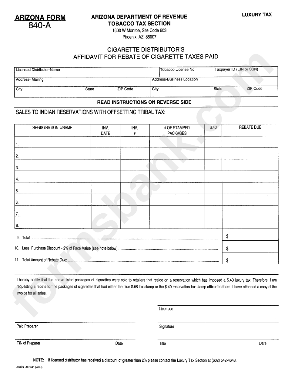 Arizona Form 840 A Cigarette Distributor S Affidavit For Rebate Of 