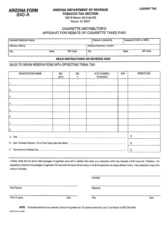 Arizona Form 840 A Cigarette Distributor S Affidavit For Rebate Of 