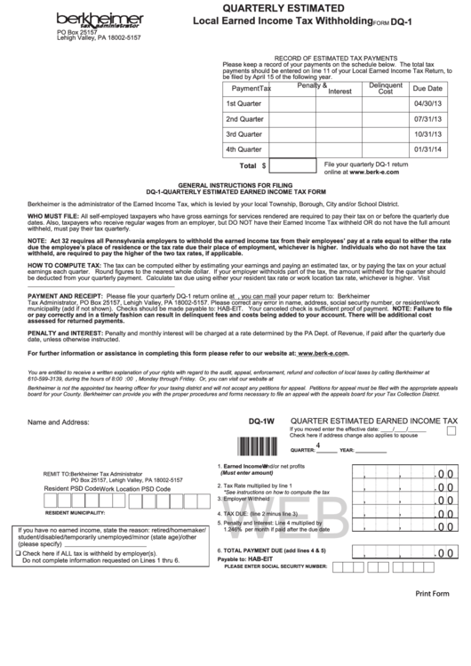 Fillable Form Dq-1 - Local Earned Income Tax Withholding - Quarterly Estimated Printable pdf