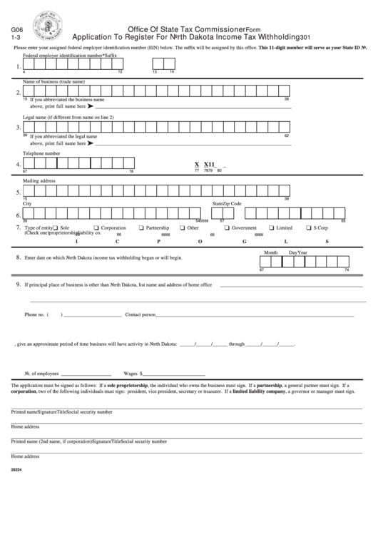 Fillable Form 301 - Application To Register For North Dakota Income Tax Withholding Printable pdf