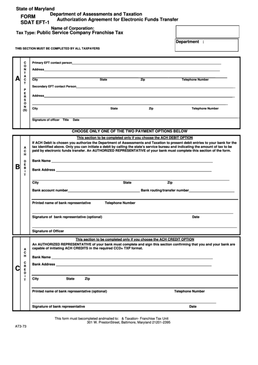 Fillable Form Sdat Eft-1 - Authorization Agreement For Electronic Funds Transfer - Maryland Department Of Assessments And Taxation Printable pdf