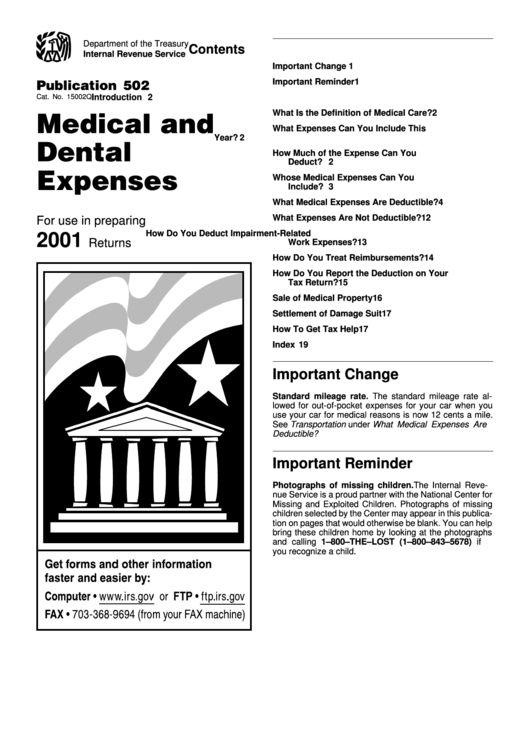 Publication 502 - Instruction For Medical And Dental Expenses - 2001 Printable pdf