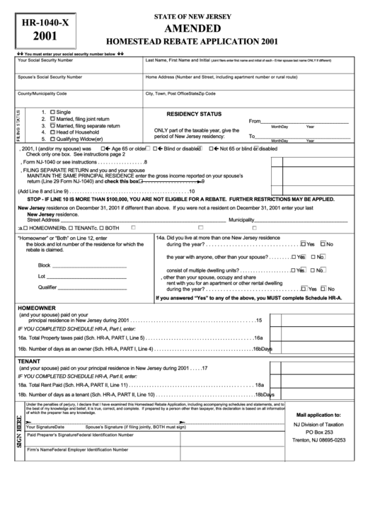 Form Hr-1040-X - Amended Homestead Rebate Application - 2001 Printable pdf