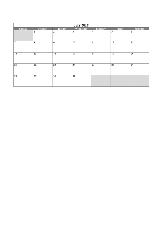 Monthly Calendar Template For July 2019 Printable pdf