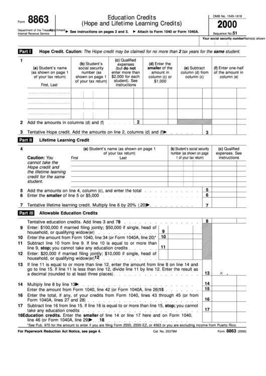 Fillable Form 8863 - Education Credits (Hope And Lifetime Learning Credits) - 2000 Printable pdf